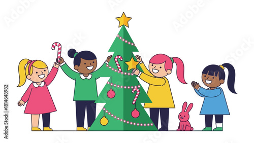 Festive Gathering: Four delighted children decorate a Christmas tree, radiating happiness, and creating a heartwarming scene filled with holiday spirit.