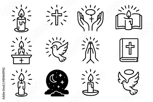 Spiritual Icons Collection. Sacred Candlelight linear icon set: candle flame, cross, open hands, rosary, Bible, church altar, glowing light, dove, prayer book, soft wax drip, halo