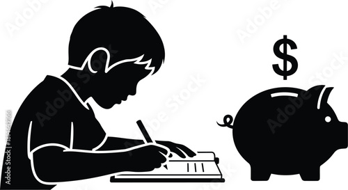 Child writing in notebook beside piggy bank symbolizing saving and financial learning
