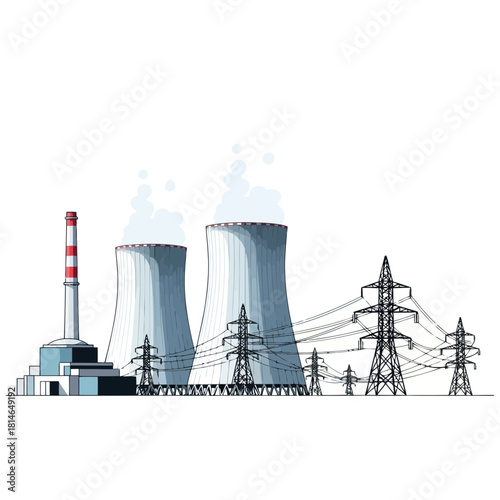 Nuclear power plant with cooling towers and electrical transmission lines isolated on