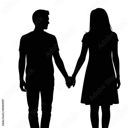 Silhouette of a man and woman holding hands, standing side by side, isolated on