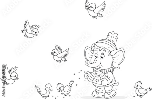 Cute little baby elephant in warm winter clothes feeding with grains a noisy and funny flock of little birds, black and white vector cartoon illustration for a coloring book