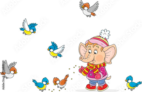 Cute little baby elephant in warm winter clothes feeding with grains a noisy and funny flock of little birds, vector cartoon illustration on white
