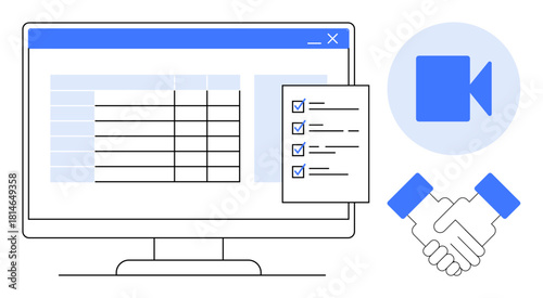 Computer screen displaying data table with checklist, video chat icon, and handshake. Ideal for project management, collaboration, virtual meetings, teamwork, task tracking, productivity workflow