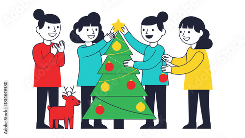 Joyful Holiday Ensemble: A heartwarming scene unfolds as a group of friends gathers around a vibrant Christmas tree, adorning it with ornaments and a star.