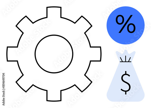 Gear with bold outline, blue percentage sign, and money bag with dollar symbol. Ideal for financial planning, economic growth, investment strategy, cost analysis, productivity, interest rates