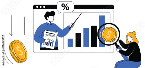 Business analysts reviewing financial charts with coins and percentage illustration

