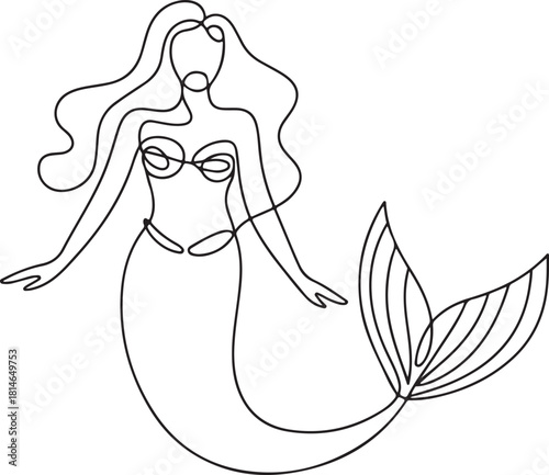 Continuous line art illustration of mermaid figure with long hair and tail using handmade contour