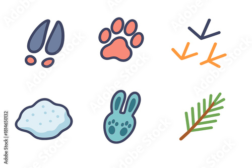 Wildlife Footprint Icons. Wildlife Footprints flat icons set. deer tracks, fox prints, bird steps, rabbit paws, snow drift, pine branch