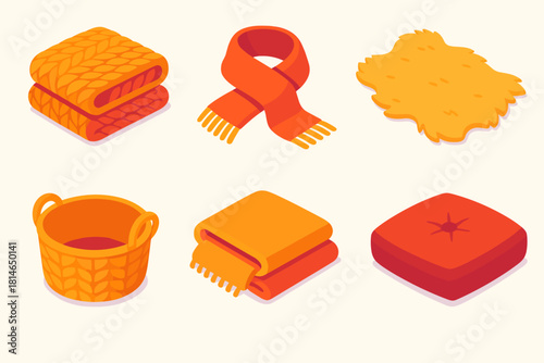 Cozy Texture Icons. Warm Textures flat icon set: knitted blanket, wool scarf, soft pillow, fur rug, woven basket, fleece throw, velvet cushion, candle