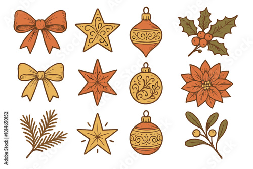 Festive Holiday Icons. Festive collection of holiday-themed icons, including bows, stars, ornaments, and floral elements. Each icon is intricately drawn with a focus. Vector illustration