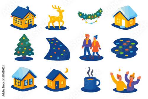 Festive Holiday Icon Set. Holiday Lights flat icons set. house decorated with string lights, glowing reindeer, festive garland, snowy roof, illuminated tree, twinkling walkway