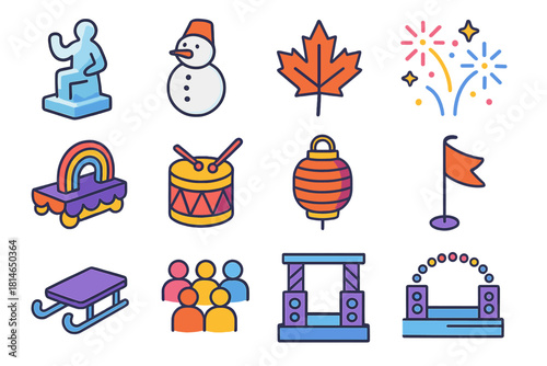 Festival Icon Set. Festival Highlights flat icons set. ice sculpture, snowman, maple leaf, fireworks, parade float, drum, lantern, sled, flag, crowd, stage, sparkle