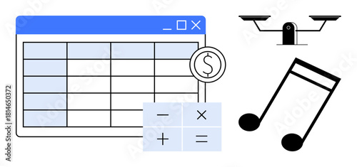 Spreadsheet interface, calculator, music notes, and scale representing finance, creativity, and balance. Ideal for finances, budgeting analytics equity decision-making creativity harmony. A