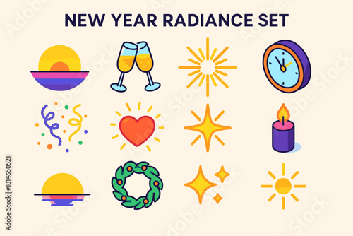 New Year Icon Set. New Year Radiance flat icons set. sunrise, champagne toast, light rays, clock striking midnight, confetti, glowing heart, star burst, candle flame, horizon glow