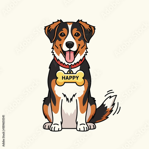 Cartoon Bernese Mountain Dog with Happy Bone Tag illustration