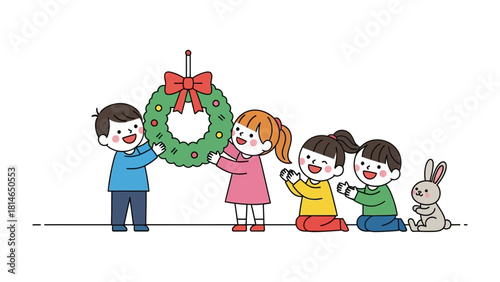 Decorating Christmas Together:  A group of children, filled with glee, collaborates joyfully in adorning a vibrant Christmas wreath. Each individual participates in this delightful scene.