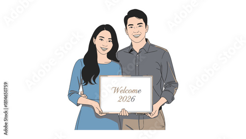 Welcome to 2026: A smiling couple welcomes the future, holding a sign displaying Welcome 2026, embodying the spirit of hope and optimism for the upcoming year.