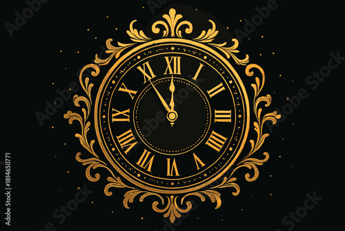 Golden Clock Countdown. Golden clock with its hands nearing midnight, symbolizing the countdown to the New Year. The clock is intricately designed with elegant. Vector illustration