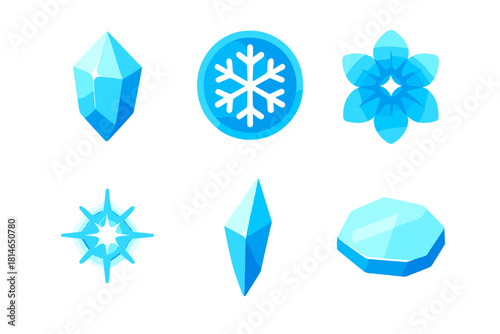 Vibrant Glacial Icons. Glacial Spark flat icons set. crystal facet, snowflake ring, ice bloom, glowing frost, sharp shard, icy reflection