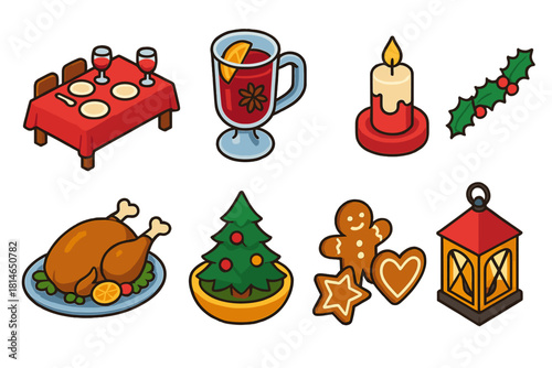 Yuletide Icon Set. Yuletide Gathering flat icons set. festive table, mulled wine, candlelight, holly garland, roasted feast, pine centerpiece, gingerbread cookies, glowing lantern