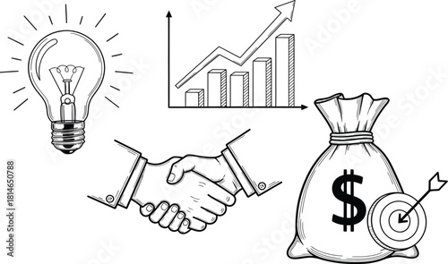 Business icons with handshake money bag growth chart and lightbulb idea illustration
