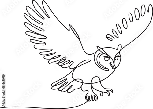 Continuous line art illustration of handmade contour forming an owl in motion with open wings
