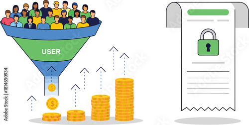 User conversion funnel with revenue growth and secure document illustration