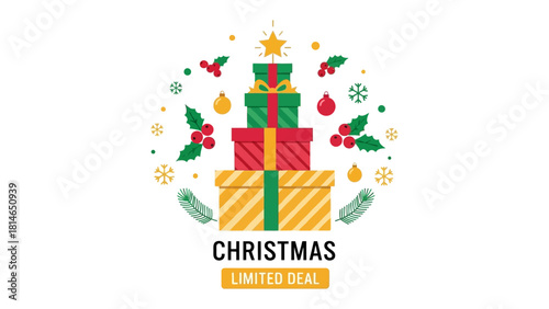 Festive Gift Stack: A vibrant stack of wrapped gift boxes adorned with Christmas ornaments and festive embellishments, symbolizing the joy and spirit of the holiday season. 