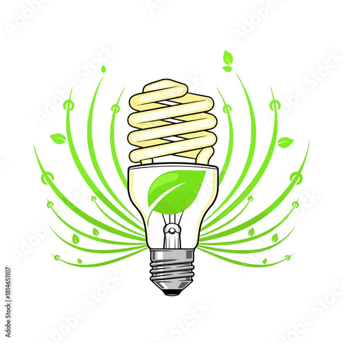 Green leaf light bulb with energy waves and ecofriendly concept illustration