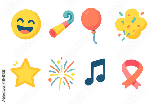 Cheerful Icon Set. Cheerful Fun Icons flat icons set. laughter face, party horn, balloon, confetti cloud, star glow, fireworks spark, music, ribbon