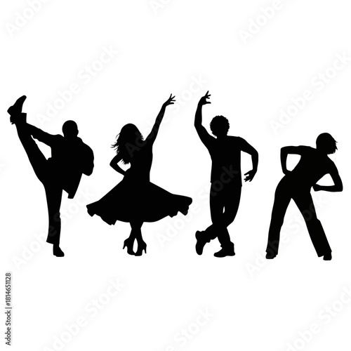 Silhouettes of four people dancing in various styles, including ballet, jazz, and contemporary, isolated on