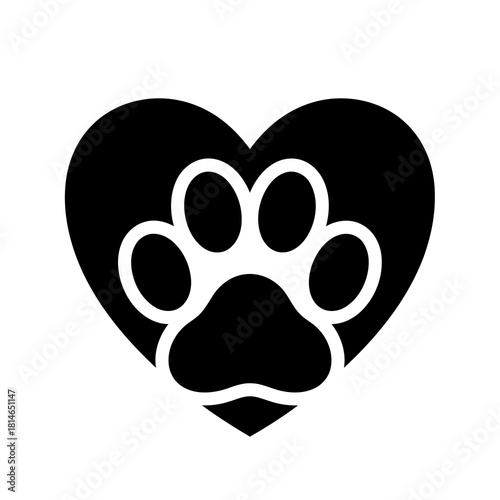 Black and white heart shape with dog paw print symbolizing love and care for pets