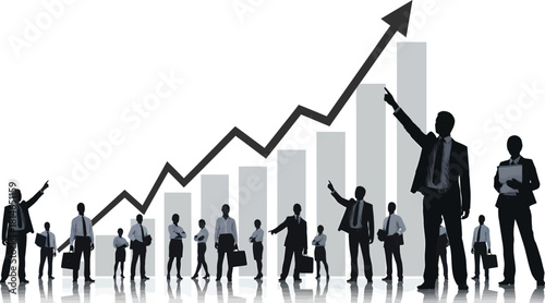 Diverse group of business professionals celebrating upward trend on growth chart