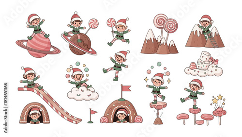 Whimsical Elf Delights: A collection of playful illustrations showcasing adorable elves, each engaging in delightful activities and adventures, painted with a whimsical, joyful.