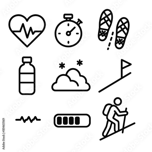 Winter Fitness Icons. Outdoor Fitness linear icon set. heartbeat icon, stopwatch, snowshoe tracks, uphill slope, water bottle, snowdrift, stamina bar, person hiking