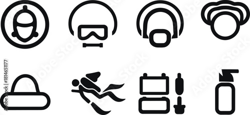 diving equipment Icon Set Silhouette Vector Collection on a white background.
