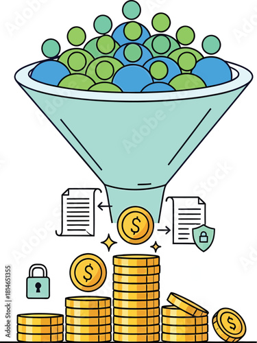 Conceptual illustration of a sales funnel converting leads into revenue with coins and documents