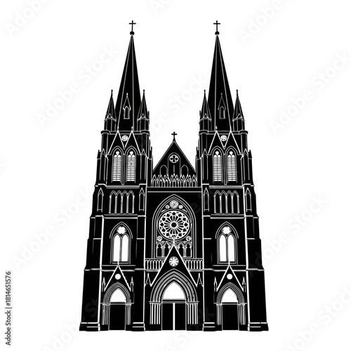 Elegant gothic cathedral with intricate architectural details and twin spires, featuring a large rose window and pointed arches