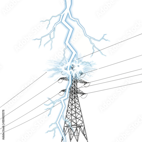 Lightning striking a power transmission tower with electric sparks and power lines in a stormy scene