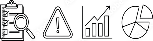 Business analysis and risk management icons featuring checklist review, warning sign, growth chart, and pie chart symbolizing data evaluation, caution, and performance

