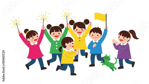 Playful Celebration of Childhood: A group of lively children revel in a vibrant display of youthful exuberance, holding sparklers and flags amidst a festive atmosphere.