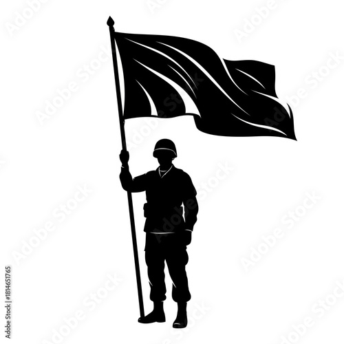 Silhouette of a soldier holding a flag, symbolizing bravery and patriotism, isolated on