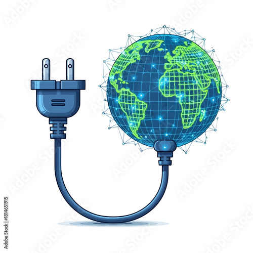 A plug connected to a digital globe symbolizing global connectivity and energy flow