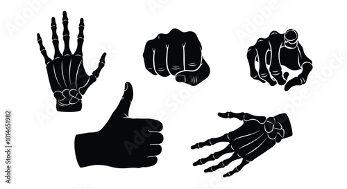 Black silhouette depictions of human hands in various gesture poses