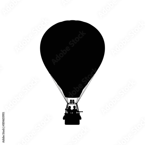Black hot air balloon with basket and passengers in silhouette against