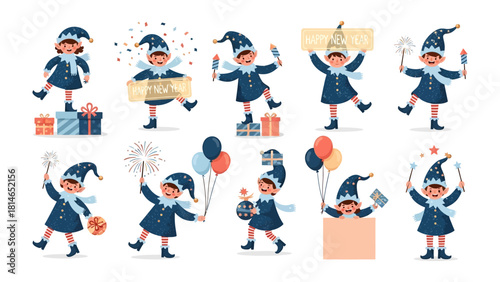 Whimsical Elf Celebrations: A charming collection of playful elves, each in vibrant attire, engaging in joyful celebrations and spreading festive cheer.