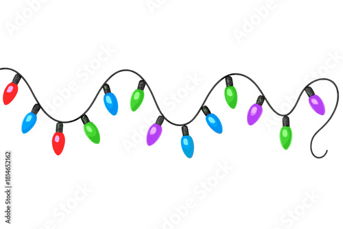 Festive Holiday Lights. String of colorful holiday lights gently curves and loops, each bulb glowing in a spectrum of vivid hues like red, blue, green, and purple.. Vector illustration