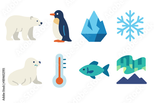 Polar Wildlife Icons. Polar Wildlife flat icons set. polar bear, penguin, seal, iceberg, snowflake, thermometer, fish, aurora