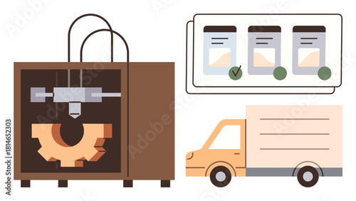 3D printer creates a gear, quality control checks marked on a checklist, and a delivery truck in transit. Ideal for manufacturing, innovation, logistics, technology, quality assurance, production